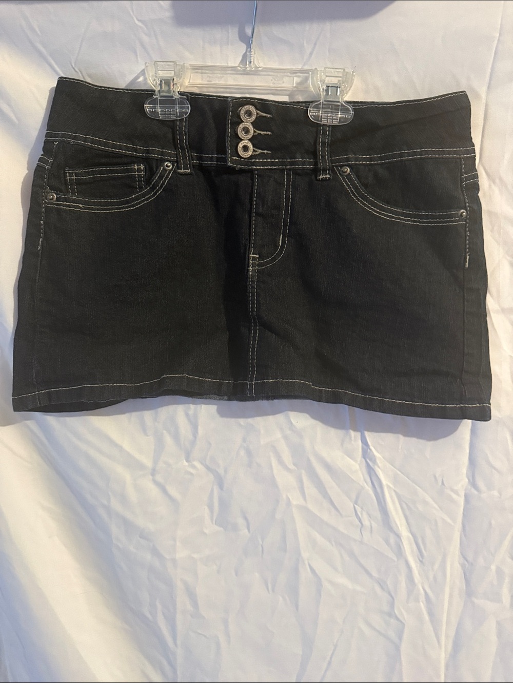Dark Blue Stretch Denim Mini Skirt with Triple Button Waist